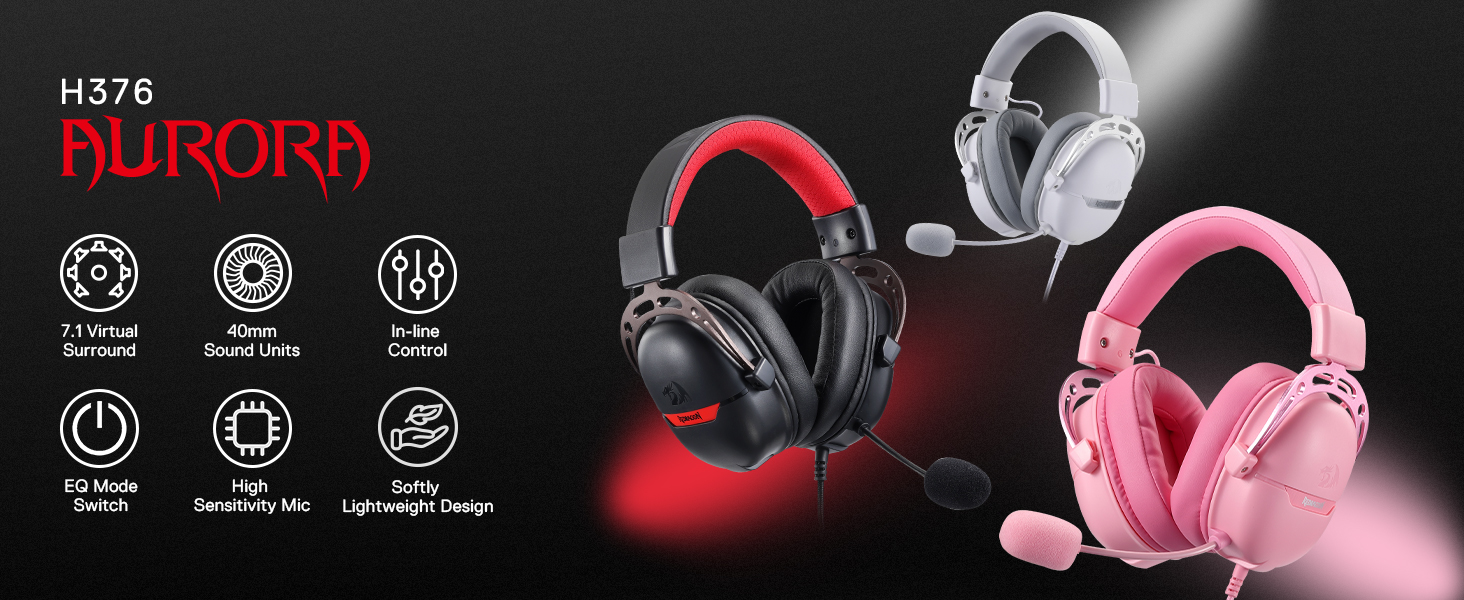 Redragon H376 Aurora Wired Gaming Headset, Surround Sound Over-Ear  Headphone w/40 MM Audio Drivers, Advanced EQ Mode, 240g Lightweight, Cozy 