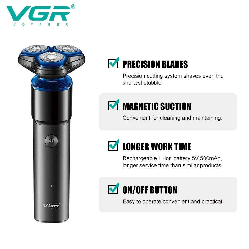 VGR V-325 Premium Cordless Rechargeable IPX6 Fully Waterproof 3 Head Electric Shaver Wet & Dry Rotary Shavers for Men - Image 2