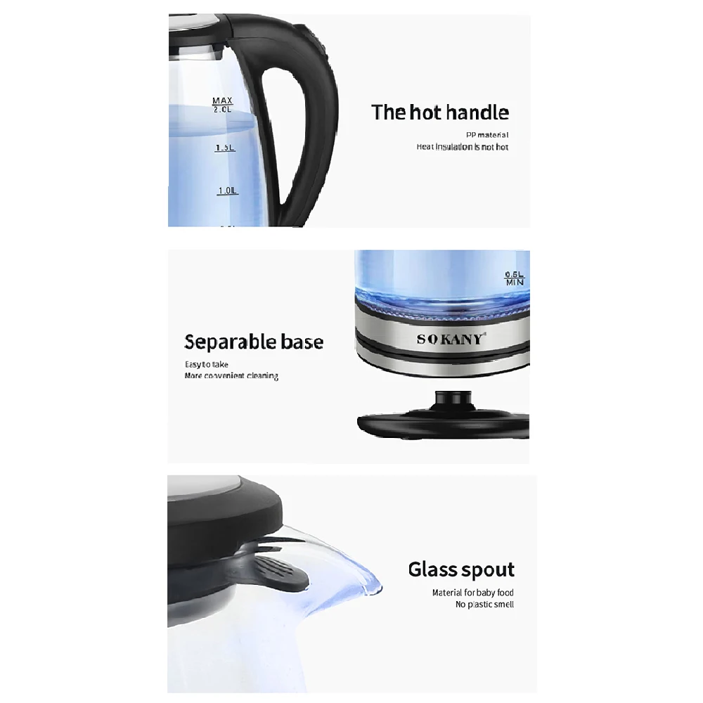 SOKANY SK-1029 Glass Electric Kettle 2L 1500W with Ocean Blue Light - Image 7