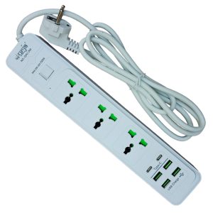 Urja Q4U-2M Surge Protector - 3 Port, 4 USB & 2 PD Charging Slots, 2500W Universal Extension Multiplug with Plug Bush Teeth Technology