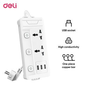 Deli T407 2- Plug Socket Power Strip 3 USB Port White(Multiplug)
