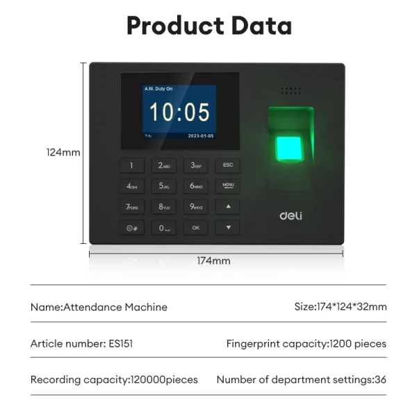 Deli-ES151 Fingerprint Attendance Machine - Image 3
