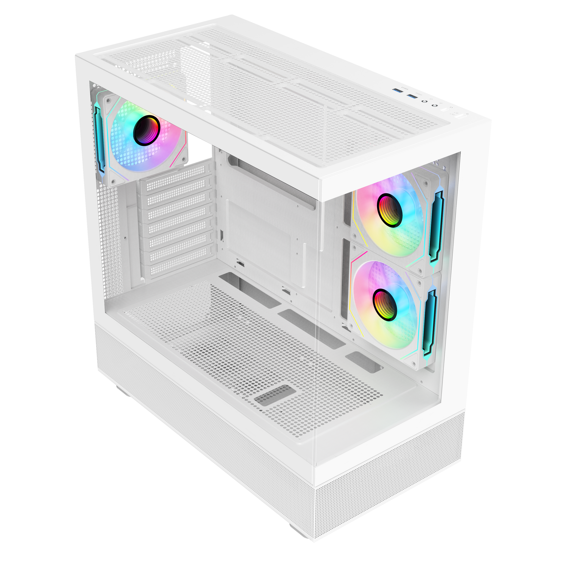 Sama Neview 4361 White Dual USB3.0 and Type C Tempered Glass ATX Mid Tower Gaming Computer Case w/ 3 x 120mm ARGB Fans (2 x MB Side, 1 x Rear) Pre-Installed - Image 2