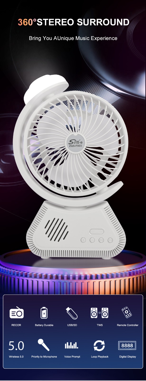 Sing-e ZQS F803 Mini Wireless TF BT Speaker Multifunctional Desktop Fan Mute Portable with Rechargeable 6000mAH - Image 10