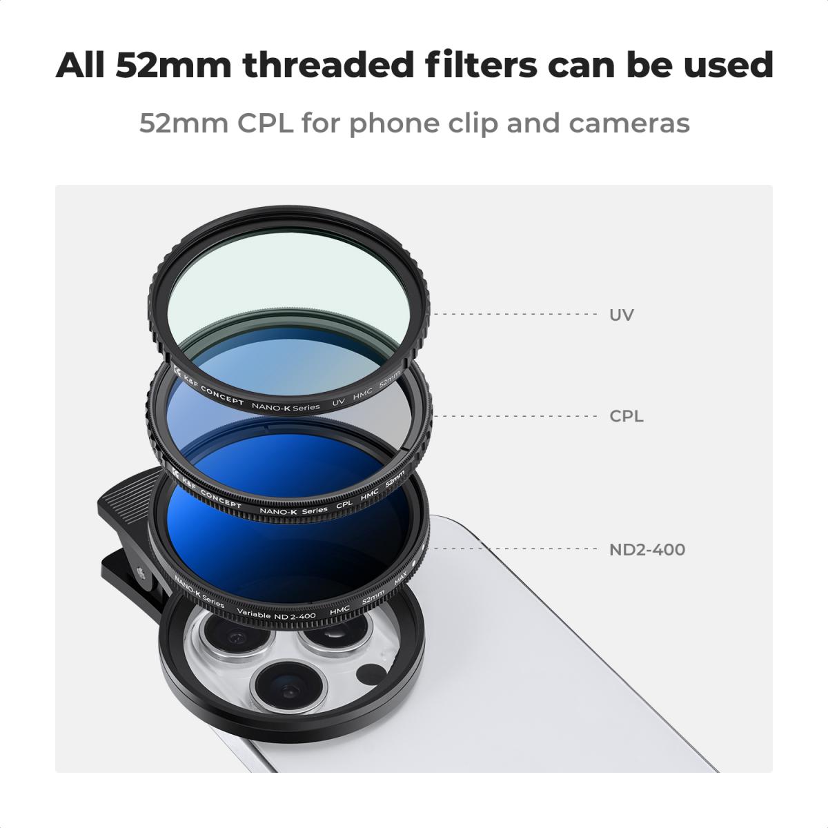 K&F KF01.2676 Concept 52mm Clip On CPL Phone Camera Lens Filter Kit - Image 8