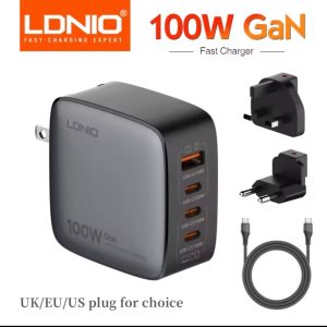 LDNIO Q408 100W GaN Super Fast Charger, 4-Port USB, Replaceable Plug, High-Speed Charging for Home and Office