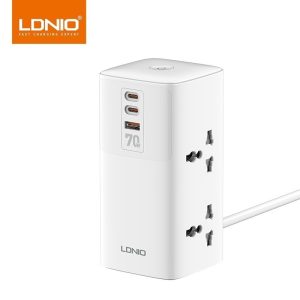 LDNIO SC4383 70W GaN Tower Extension Power Socket Multiplug | 4 Universal Outlets with 2 USB-C PD & USB-A Fast Charging Port | 2 Meter Cord | Desktop Power Strip for Home & Office