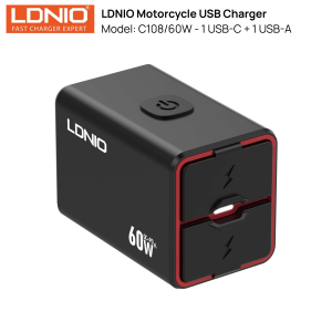 LDNIO C108 60W Motorcycle Fast Charger with PD USB-C & QC3.0 USB Port - IPX6 Waterproof Bike Phone Charger with Power Switch for iPhone, Samsung & Android Devices