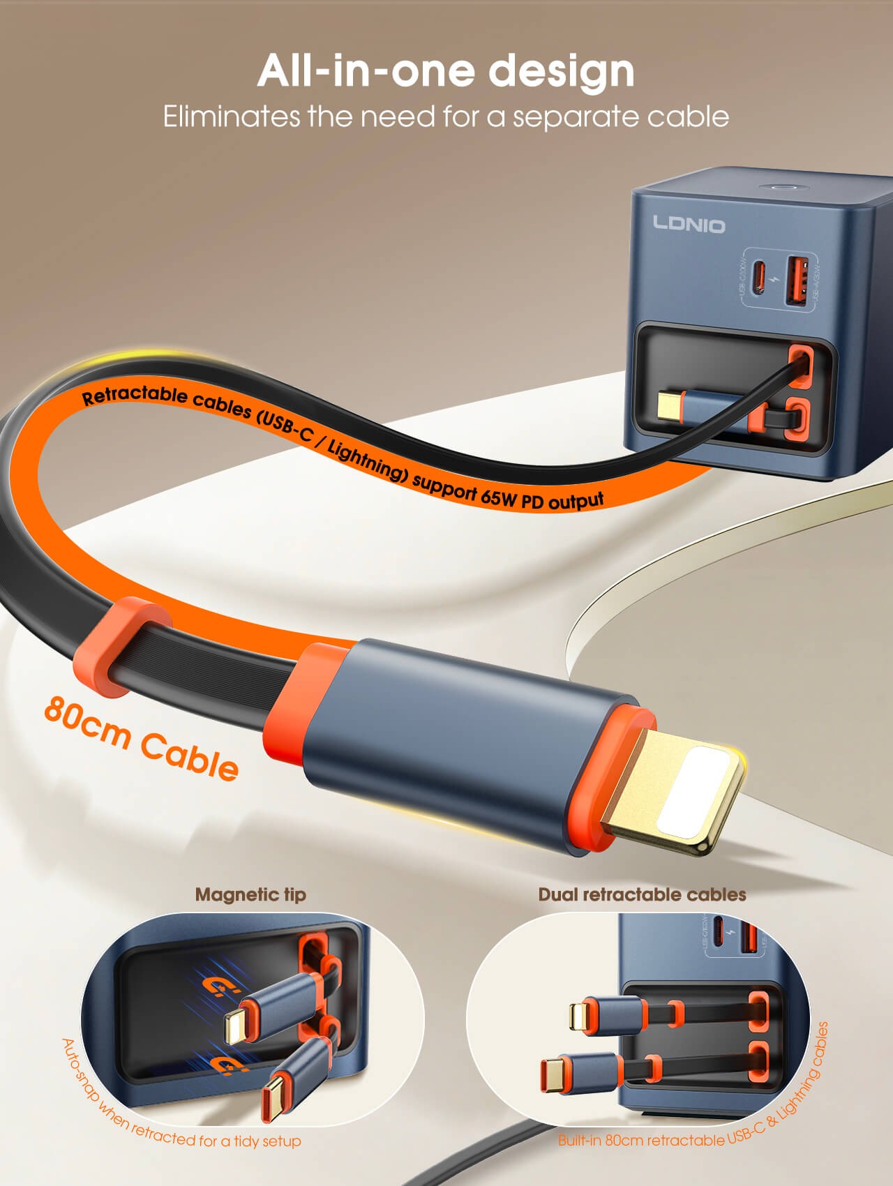 LDNIO Q16 100W GaN Desktop Charger 4-Port with Retractable Cables - Image 5