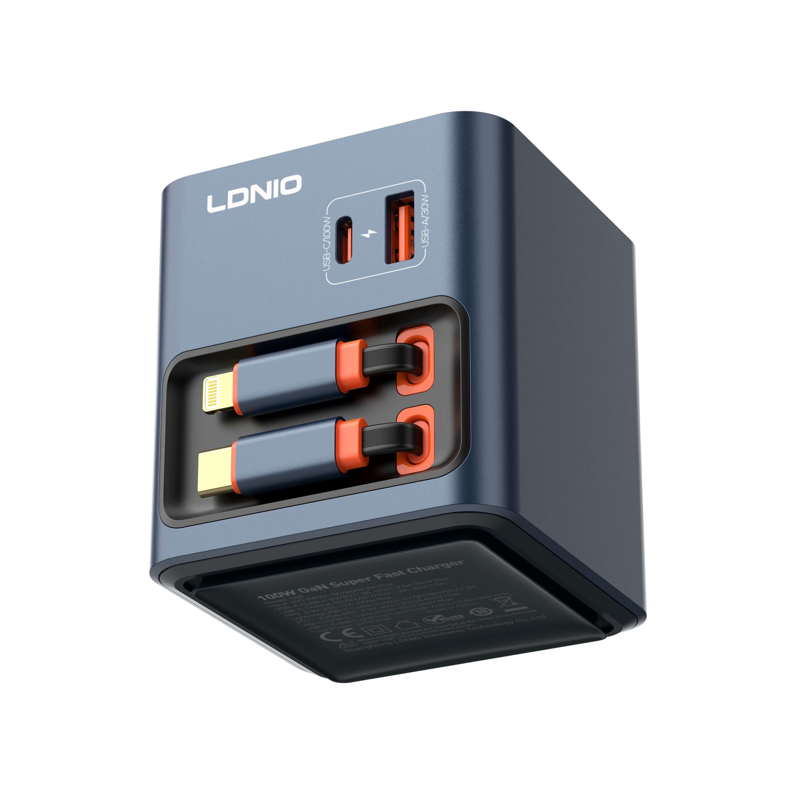 LDNIO Q16 100W GaN Desktop Charger 4-Port with Retractable Cables - Image 2