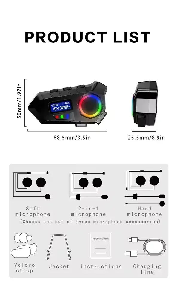 Y30 Helmet Bluetooth Headset, Bluetooth 5.4 Motorcycle Headset | LCD Display & RGB Light Wireless Helmet Earphones | IPX6 Waterproof Noise Cancelling Mic for Bikers | Universal Hands-free Motorbike Headset - Black - Image 3